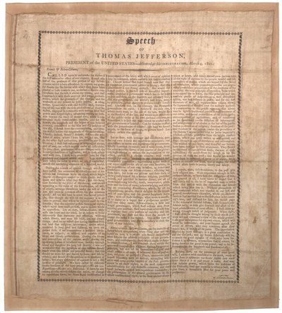 杰斐逊首次就职演说，1801年3月4日，巴尔的摩Pechin印刷（丝绸上的平版印刷） 作者 美国学校