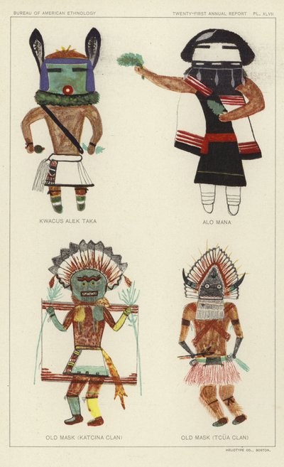 Kwacus Alek Taka、Alo Mana、老面具（Katcina 部族）、老面具（Tcua 部族）（彩色石版画） 作者 美国学校