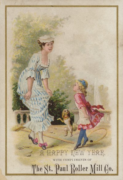 夫人和女孩跳舞，新年卡 作者 American School