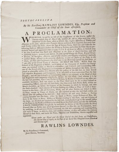 忠诚誓言保护南卡罗来纳州的独立，1778年4月2日 作者 美国学校