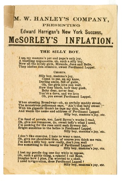 MW Hanleys Col介绍Edward Harrigans最新的NY Success，McSorleys Inflation [影院卡]。 Verso，c.1882（石版画[交易卡]） 作者 美国学校