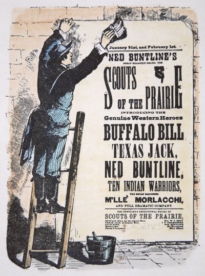 男子为由 Buffalo Bill Cody（1846-1917 年）Texas Jack（1846-79 年）和 Ned Buntline（1823-86 年）c.1874 主演的“草原童子军”剧张贴剧院账单（彩色雕刻） 作者 美国学校