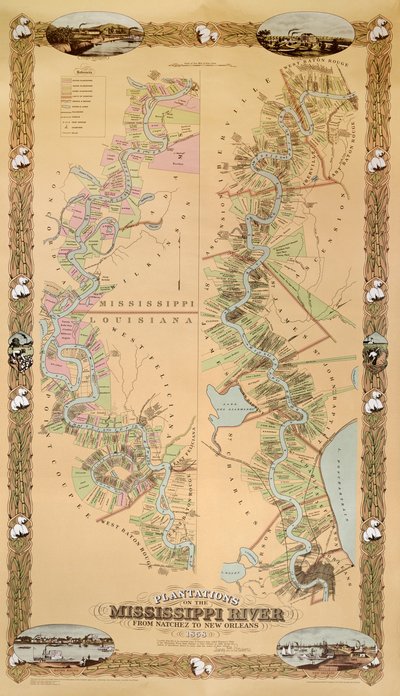 地图描绘密西西比河上的种植园，从纳奇兹到新奥尔良，1858年 作者 美国学校