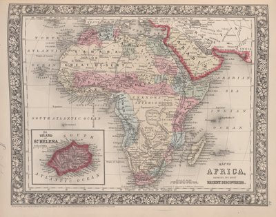 非洲地图显示其最新发现与圣海伦娜岛插图米切尔新的一般地图集，1863年（彩色雕刻） 作者 美国学校