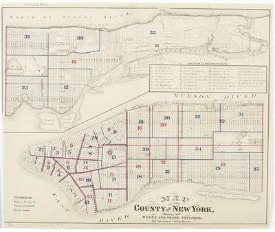 纽约郡的地图，显示了病房和警察局，以及1870年的车站位置（墨水在纸上） 作者 美国学校