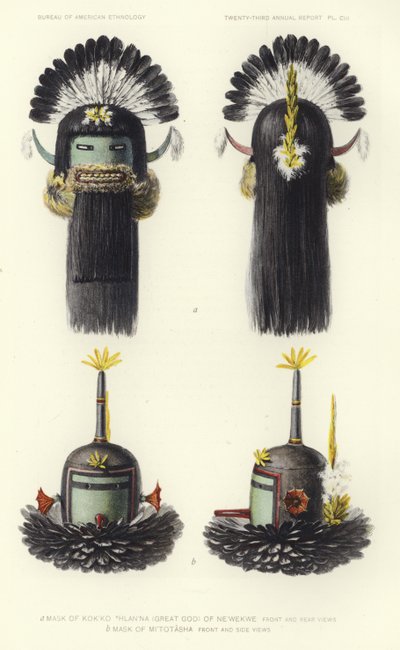 Newekwe 的 Kokko Thlanna（大神）面具（彩色石版画） 作者 美国学校