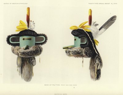 保提瓦面具 - 正视图和侧视图（彩色石版画） 作者 美国学校