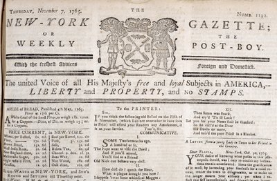 纽约公报标头宣布反对邮票，于1765年11月7日印刷（印刷版） 作者 美国学校