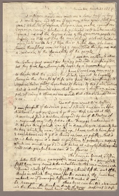 第 1 页，阿比盖尔·亚当斯给约翰·亚当斯的信，1776 年 3 月 31 日至 4 月 5 日（纸本） 作者 美国学校