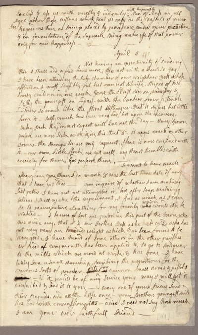 第 3 页，阿比盖尔·亚当斯 (Abigail Adams) 给约翰·亚当斯 (John Adams) 的信，1776 年 3 月 31 日至 4 月 5 日（纸本） 作者 美国学校