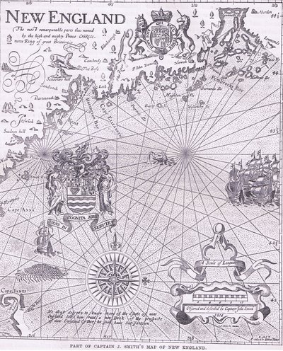 J 史密斯船长的新英格兰地图的一部分，插图来自卡塞尔的美国酒吧历史。 由 Petter & Galpin c.1890 (石版画) 作者 美国学校