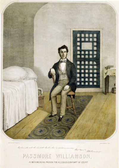 帕斯莫尔-威廉姆森因涉嫌藐视法庭而被关押在莫亚明辛监狱，1855 年出版（彩色平版印刷）。1855 年（彩色印刷版） 作者 美国学校