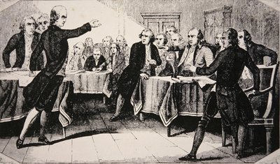 帕特里克-亨利于1775年3月在弗吉尼亚州议会上发言（石印）。 作者 美国学校