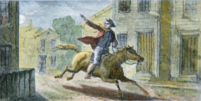 保罗·里维尔 (Paul Revere) 在 1775 年 4 月 18 日晚上的著名骑行（彩色石版画） 作者 美国学校