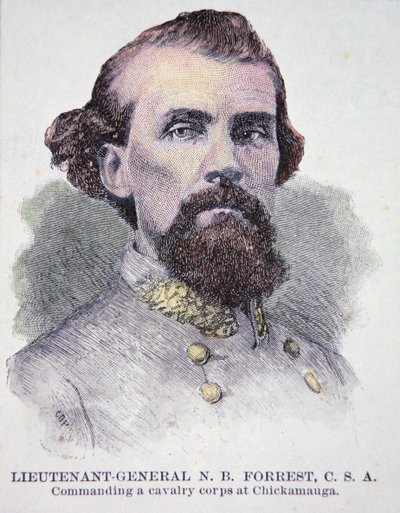 Nathan B. Forrest 中将的肖像（1821-77）（石版画） 作者 美国学校