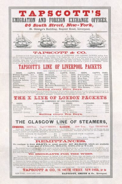 海报广告Tapscotts移民和外汇办事处，纽约，1859年1月 作者 American School
