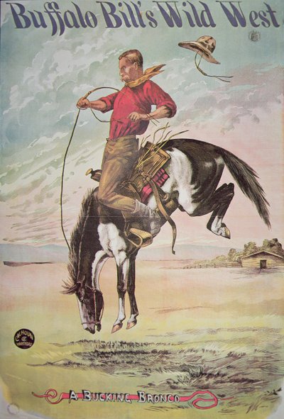 水牛比尔（1846-1917）狂野西部表演的降压野马海报，约1885年（彩色平印）。 作者 美国学校