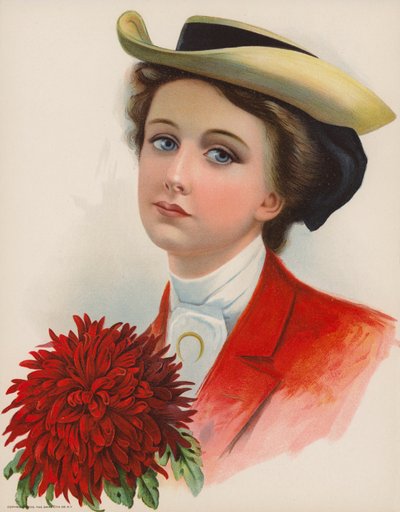 漂亮的年轻女子头戴礼帽，手持一朵大红菊花（彩色石版画） 作者 美国学校