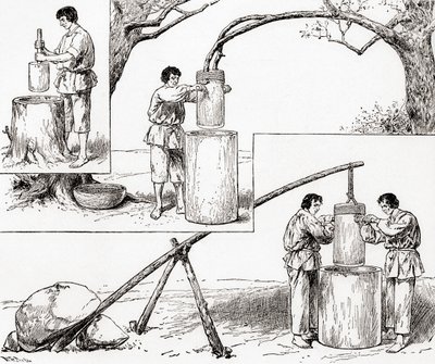 原始的玉米研磨方式，摘自《世纪画报月刊》，1884年出版（木刻版）。 作者 美国学校
