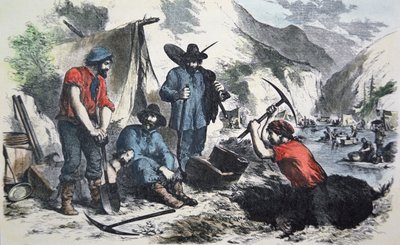 1849年加州淘金热中的探矿者（彩色平版印刷）。 作者 美国学校