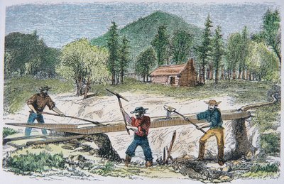 在 1849 年加利福尼亚淘金热期间使用水闸的探矿者（彩色石版画） 作者 美国学校