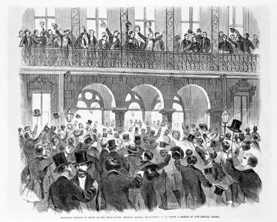 南卡罗来纳州查尔斯顿会议街米尔斯大厦前的分裂会议，约1860年（雕刻）（黑白照片） 作者 美国学校