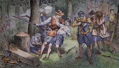 1607年在弗吉尼亚州詹姆斯敦的定居（彩色雕刻）。 作者 美国学校