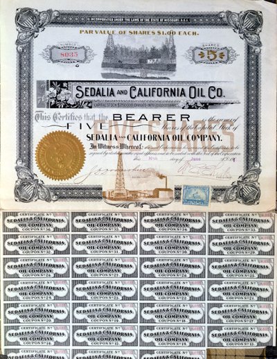 1901年，美国Sedalia和加利福尼亚石油公司的股票证书 作者 美国学校