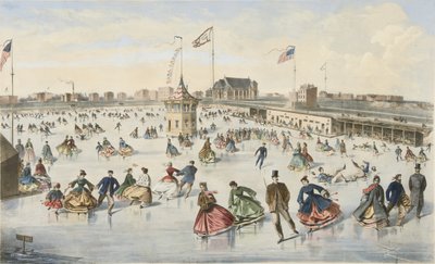 在联合池塘上滑冰，出版。1863年（彩色平版印刷）。 作者 美国学校