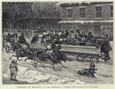 1860 年在百老汇的雪橇上，展示了一个关于跑步者的公共交通工具（石版画） 作者 美国学校