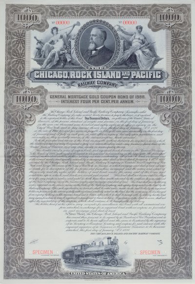 1898年芝加哥，洛克岛和太平洋铁路公司的标本债券证书为1000美元 作者 美国学校