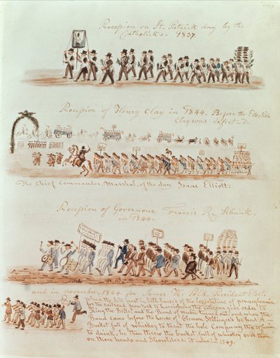 1837年的圣帕特里克节游行和1844年亨利克莱，州长弗朗西斯·舒克和詹姆斯波尔克的游行（墨水和纸上的wc） 作者 美国学校