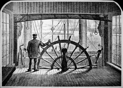 汽船驾驶员在驾驶室，约1870年（雕刻）。 作者 美国学校