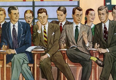 20 世纪 40 年代大学教室中坐在课桌前的学生 作者 美国学校