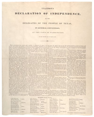 德克萨斯独立宣言：由贝克和博登斯于1836年3月2日印制的一致宣言 作者 美国学校