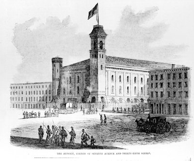 军械库，第七大道和第三十五街的角落，1863年纽约市骚乱报道的场景 作者 美国学校