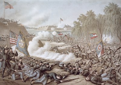 科林斯战役，1862年10月3日至4日，显示南北双方的旗帜，由库尔兹和艾利森制作（彩色平印）。 作者 美国学校