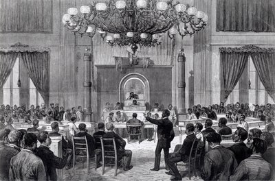 1876年4月5日至7日在田纳西州纳什维尔召开的有色人种国民大会，来自《弗兰克-莱斯利画报》（雕刻）（黑白照片）。 作者 美国学校