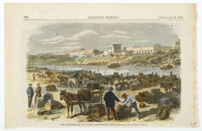 撤离德克萨斯州布朗斯维尔的南军，约1864年（手绘木浆纸上的石版画）。 作者 美国学校