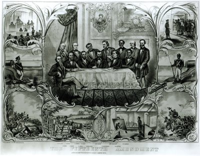 第十五条修正案，由尤利西斯-格兰特总统（1822-85）于1870年3月签署（平印）（黑白照片）。 作者 美国学校