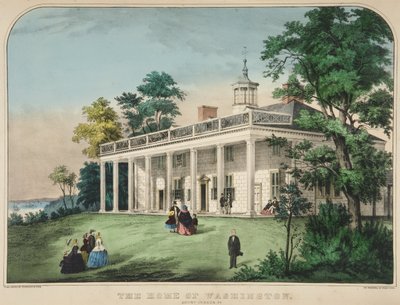华盛顿的家，弗吉尼亚州弗农山，出版，约1857年彩色石版画。 作者 美国学校