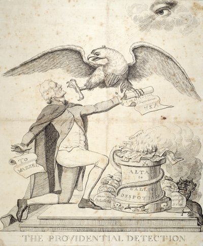 Providential Detection，卡通描绘了托马斯·杰斐逊（1743-1826）试图摧毁宪法 作者 American School