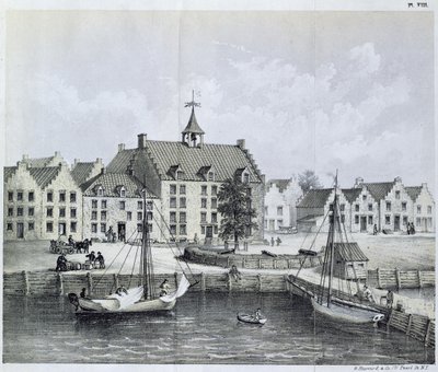 1679年纽约Stadthuys，Pearl Street和Coentijs Slip的角落，1679  -  80年由Jasper Danckaerts（b.1639）和Peter Sluyter（1645-1722）出版的“航行杂志”到纽约，1867年出版 作者 美国学校