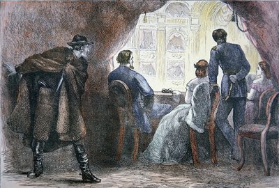 1865年4月14日，林肯（1809-65）在福特剧院的包厢里被刺杀（彩色平版印刷）。 作者 美国学校