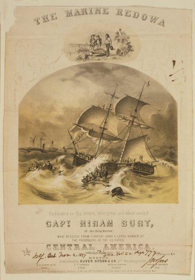 1857年9月，SS Central America号汽船在卡罗莱纳州附近遭遇飓风后，双桅船Marine号从救生艇上救出乘客，该船被卷入飓风。超过550人被淹死，30,000磅（14,000公斤）的加州黄金丢失。 作者 美国学校