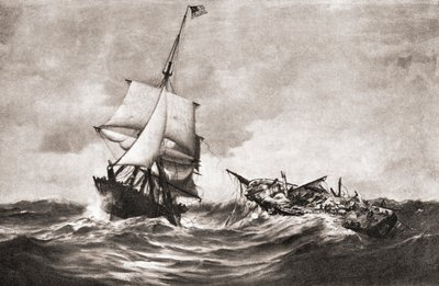 1812 年战争期间，美国黄蜂号战列单桅帆船俘获英国皇家海军欢乐号 (HMS Frolic)，这是一次海上行动，摘自 1905 年出版的《我国历史》（平版印刷） 作者 美国学校