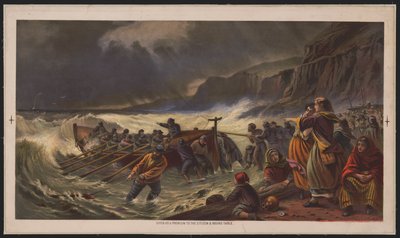 出发，下水救生艇，约 1878 年（色版画） 作者 美国学校