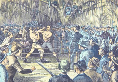 1889年最后一场赤手空拳冠军赛，约翰-L-沙利文对杰克-基尔林在密西西比州里奇堡举行的比赛（彩色平印）。 作者 美国学校