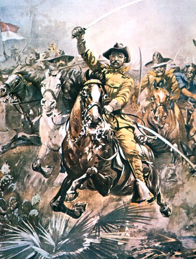 西奥多-罗斯福在美西战争期间带领 "粗野骑士"，W.G.路的绘画细节。 作者 American School