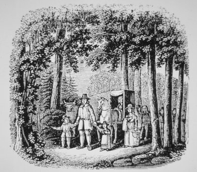 托马斯-胡克带领他的教友们进入康涅狄格州的荒野（石印）。 作者 美国学校